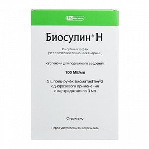 Биосулин Н суспензия для подкожного введения 100 МЕ/мл картридж+шприц-ручка 3 мл 5 шт.